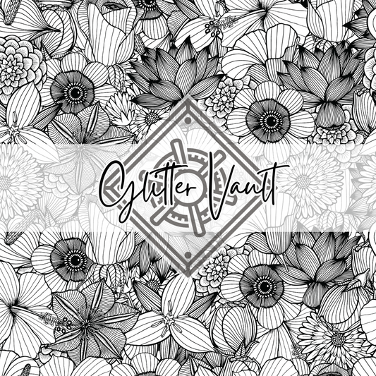#1067 - Mono Floral Doodles Vinyl Print - Large